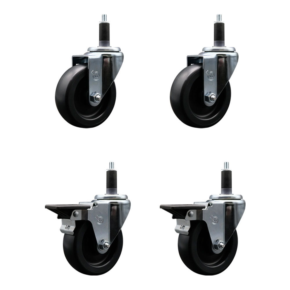 Polyolefin Swivel Expanding Stem Caster Wheels Set of 4 with 4 Inch Black Wheels and 1-1/8" Stems - Includes 2 Swivel with Posi Lock Brakes and 2 Swivel-1400 lbs. Total Capacity - Service Caster Brand — photo 1