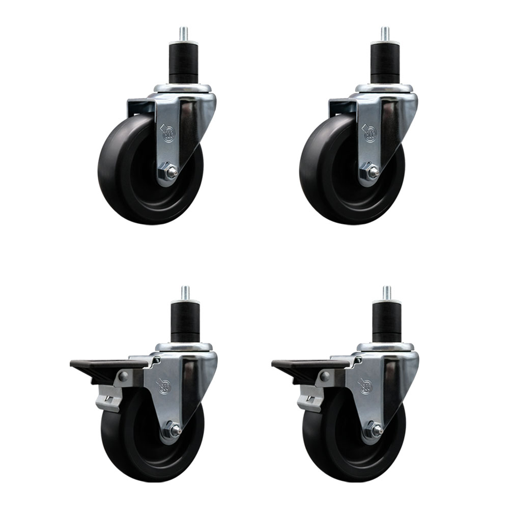 Polyolefin Swivel Expanding Stem Caster Wheels Set of 4 with 4 Inch Black Wheels and 1-3/4" Stems - Includes 2 Swivel with Posi Lock Brakes and 2 Swivel-1400 lbs. Total Capacity - Service Caster Brand — photo 1