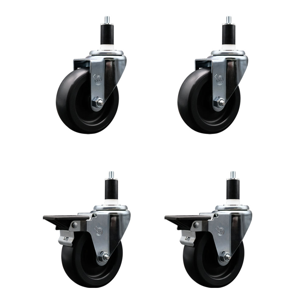 Polyolefin Swivel Expanding Stem Caster Wheels Set of 4 with 4 Inch Black Wheels and 1-3/8" Stems - Includes 2 Swivel with Posi Lock Brakes and 2 Swivel-1400 lbs. Total Capacity - Service Caster Brand — photo 1