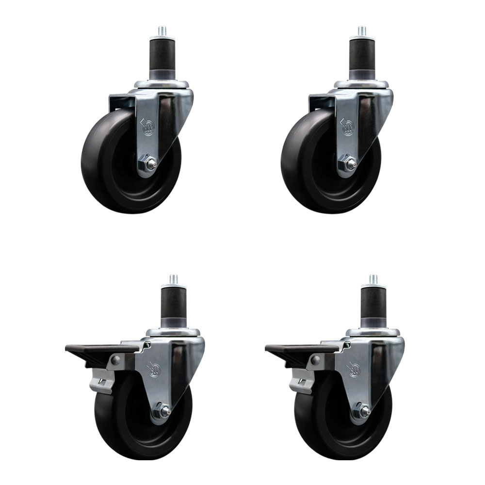 Polyolefin Swivel Expanding Stem Caster Wheels Set of 4 with 4 Inch Black Wheels and 1-5/8" Stems - Includes 2 Swivel with Posi Lock Brakes and 2 Swivel-1400 lbs. Total Capacity - Service Caster Brand — photo 1