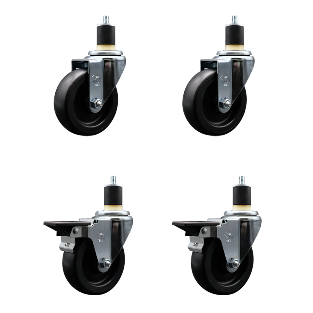 Polyolefin Swivel Expanding Stem Caster Wheels Set of 4 with 4 Inch Black Wheels and 1-7/8" Stems - Includes 2 Swivel with Posi Lock Brakes and 2 Swivel-1400 lbs. Total Capacity - Service Caster Brand — photo 1