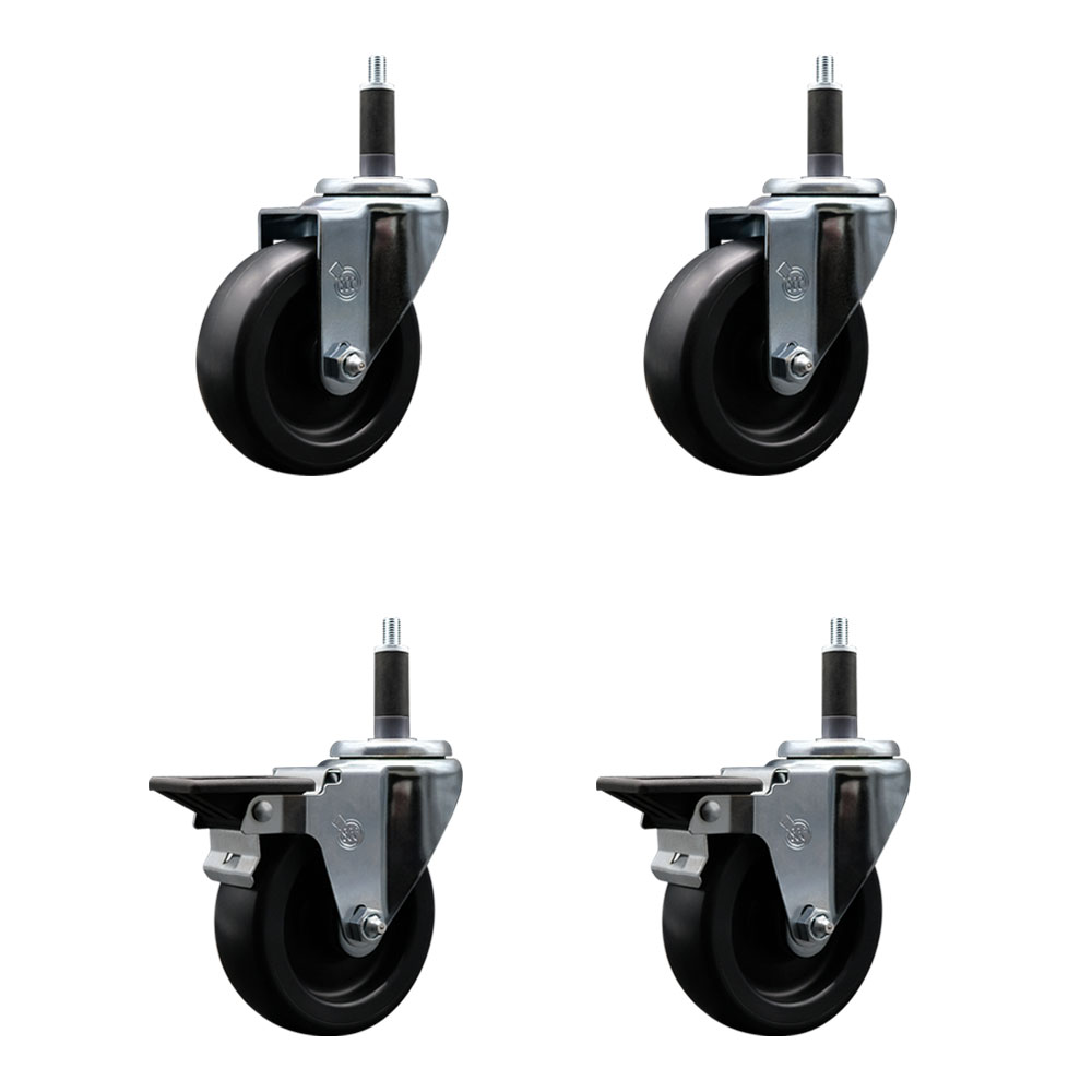 Polyolefin Swivel Expanding Stem Caster Wheels Set of 4 with 4 Inch Black Wheels and 1" Stems - Includes 2 Swivel with Posi Lock Brakes and 2 Swivel-1400 lbs. Total Capacity - Service Caster Brand — photo 1