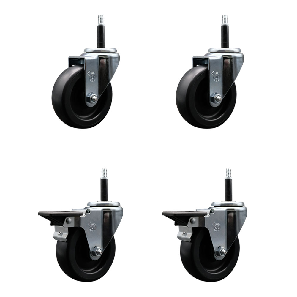 Polyolefin Swivel Expanding Stem Caster Wheels Set of 4 with 4 Inch Black Wheels and 3/4" Stems - Includes 2 Swivel with Posi Lock Brakes and 2 Swivel-1400 lbs. Total Capacity - Service Caster Brand — photo 1