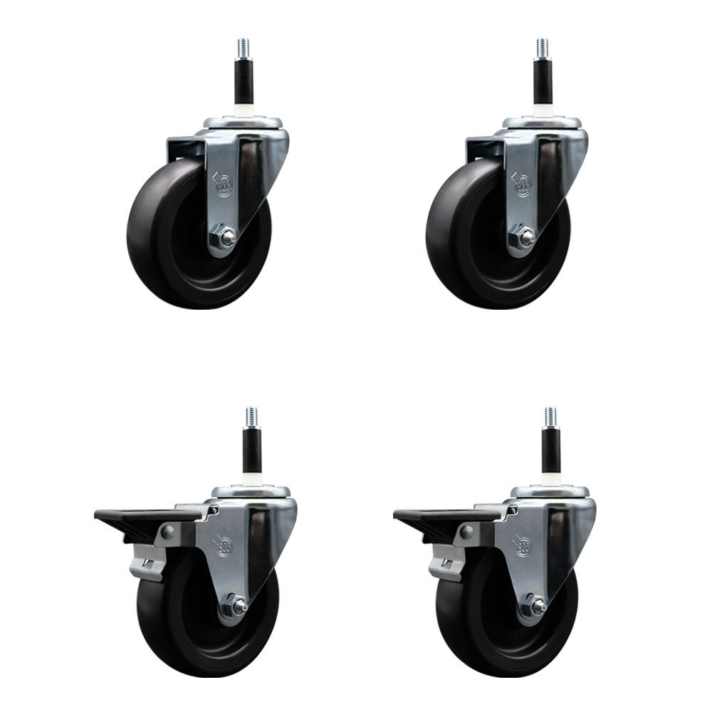 Polyolefin Swivel Expanding Stem Caster Wheels Set of 4 with 4 Inch Black Wheels and 7/8" Stems - Includes 2 Swivel with Posi Lock Brakes and 2 Swivel-1400 lbs. Total Capacity - Service Caster Brand — photo 1