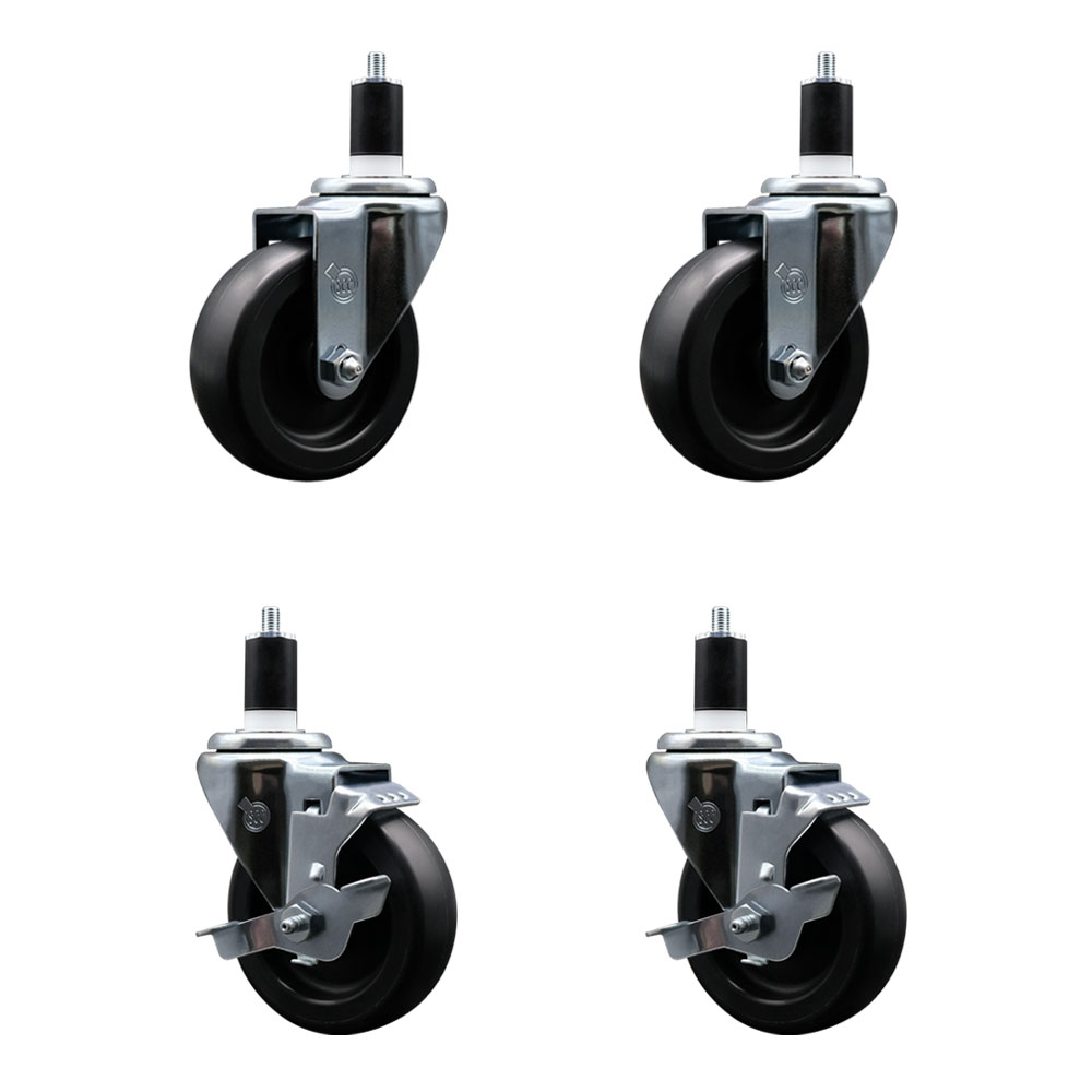 Polyolefin Swivel Expanding Stem Caster Wheels Set of 4 with 4 Inch Black Wheels and 1-1/2" Stems - Includes 2 Swivel with Top Lock Brakes and 2 Swivel– 1400 lbs. Total Capacity - Service Caster Brand — photo 1