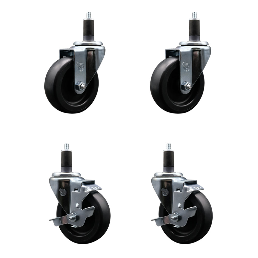 Polyolefin Swivel Expanding Stem Caster Wheels Set of 4 with 4 Inch Black Wheels and 1-1/4" Stems - Includes 2 Swivel with Top Lock Brakes and 2 Swivel– 1400 lbs. Total Capacity - Service Caster Brand — photo 1