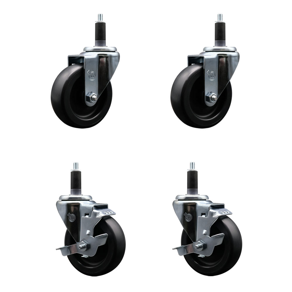 Polyolefin Swivel Expanding Stem Caster Wheels Set of 4 with 4 Inch Black Wheels and 1-1/8" Stems - Includes 2 Swivel with Top Lock Brakes and 2 Swivel– 1400 lbs. Total Capacity - Service Caster Brand — photo 1