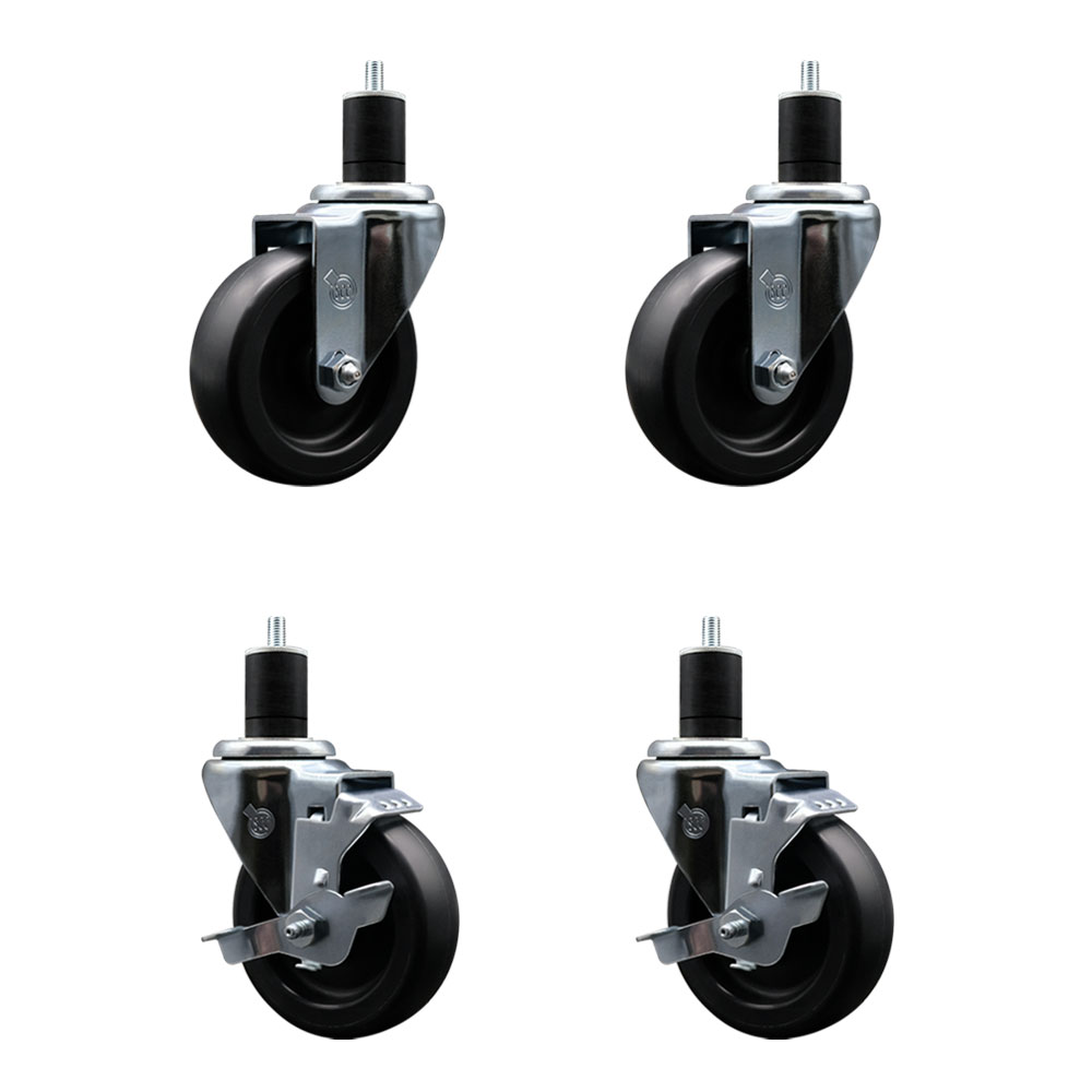 Polyolefin Swivel Expanding Stem Caster Wheels Set of 4 with 4 Inch Black Wheels and 1-3/4" Stems - Includes 2 Swivel with Top Lock Brakes and 2 Swivel– 1400 lbs. Total Capacity - Service Caster Brand — photo 1