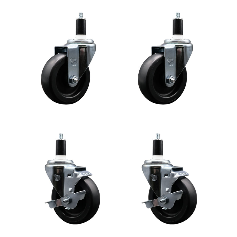 Polyolefin Swivel Expanding Stem Caster Wheels Set of 4 with 4 Inch Black Wheels and 1-3/8" Stems - Includes 2 Swivel with Top Lock Brakes and 2 Swivel– 1400 lbs. Total Capacity - Service Caster Brand — photo 1