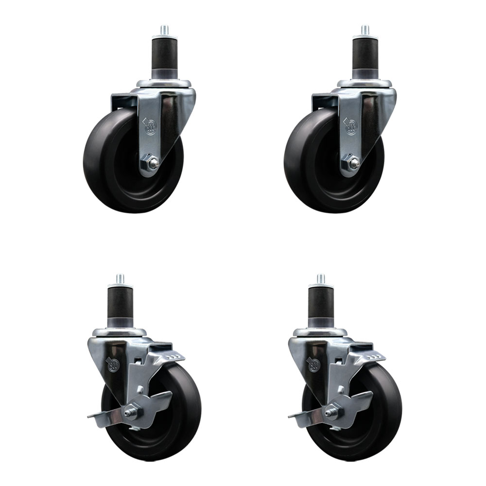 Polyolefin Swivel Expanding Stem Caster Wheels Set of 4 with 4 Inch Black Wheels and 1-5/8" Stems - Includes 2 Swivel with Top Lock Brakes and 2 Swivel– 1400 lbs. Total Capacity - Service Caster Brand — photo 1