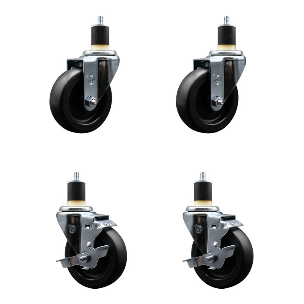 Polyolefin Swivel Expanding Stem Caster Wheels Set of 4 with 4 Inch Black Wheels and 1-7/8" Stems - Includes 2 Swivel with Top Lock Brakes and 2 Swivel– 1400 lbs. Total Capacity - Service Caster Brand — photo 1