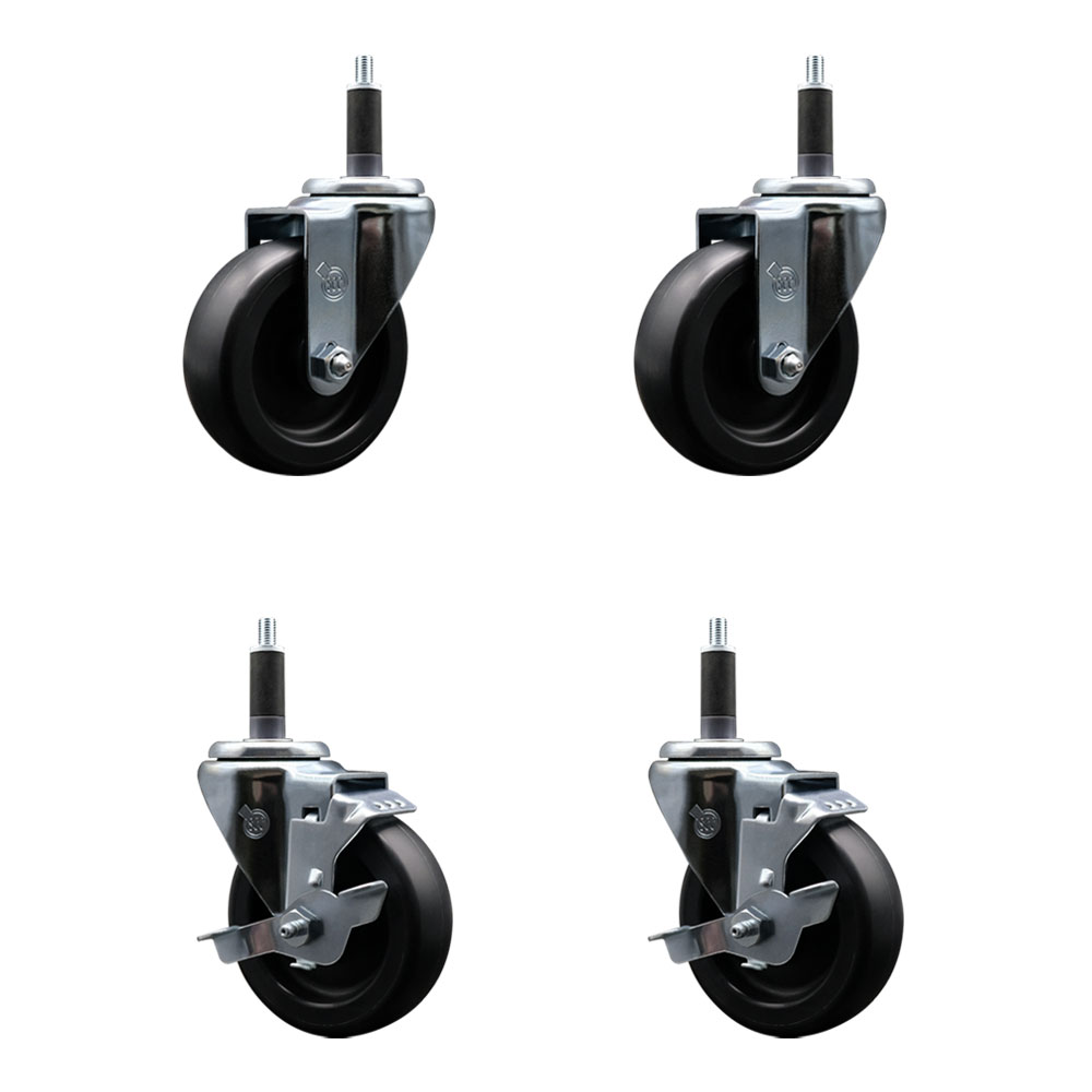 Polyolefin Swivel Expanding Stem Caster Wheels Set of 4 with 4 Inch Black Wheels and 1" Stems - Includes 2 Swivel with Top Lock Brakes and 2 Swivel– 1400 lbs. Total Capacity - Service Caster Brand — photo 1