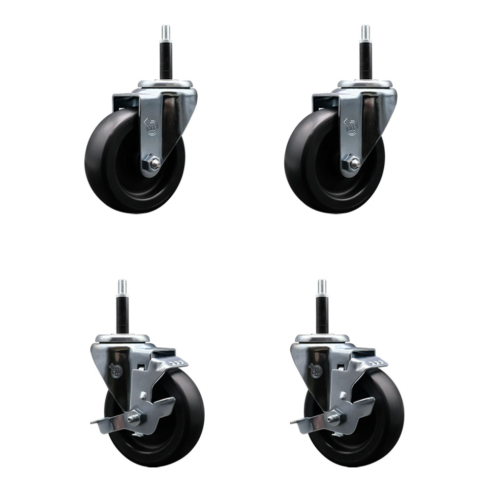 Polyolefin Swivel Expanding Stem Caster Wheels Set of 4 with 4 Inch Black Wheels and 3/4" Stems - Includes 2 Swivel with Top Lock Brakes and 2 Swivel– 1400 lbs. Total Capacity - Service Caster Brand — photo 1