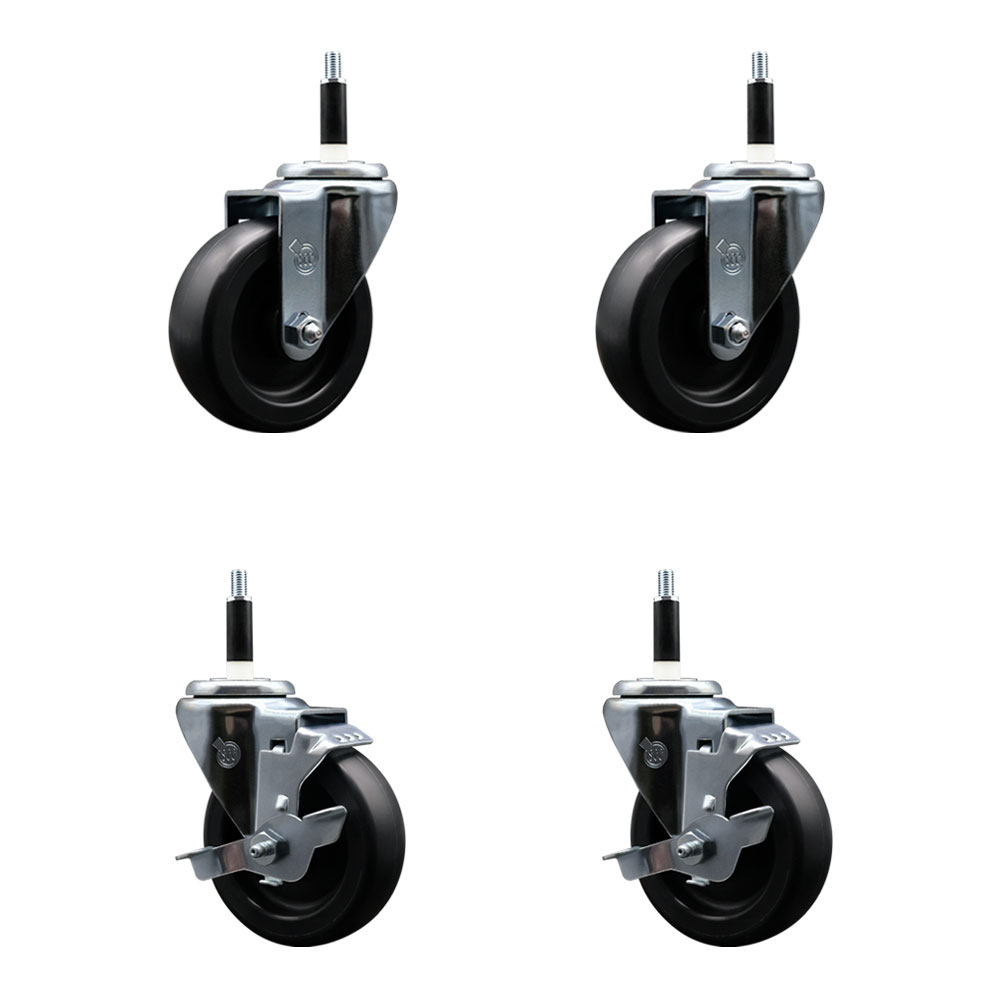 Polyolefin Swivel Expanding Stem Caster Wheels Set of 4 with 4 Inch Black Wheels and 7/8" Stems - Includes 2 Swivel with Top Lock Brakes and 2 Swivel– 1400 lbs. Total Capacity - Service Caster Brand — photo 1