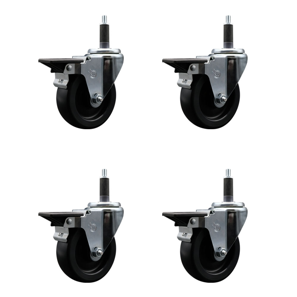 Polyolefin Swivel Expanding Stem Caster Wheels Set of 4 with 4 Inch Black Wheels and 1" Stems - Includes 4 Swivel with Posi Lock Brakes - 1400 lbs. Total Capacity - Service Caster Brand — photo 1