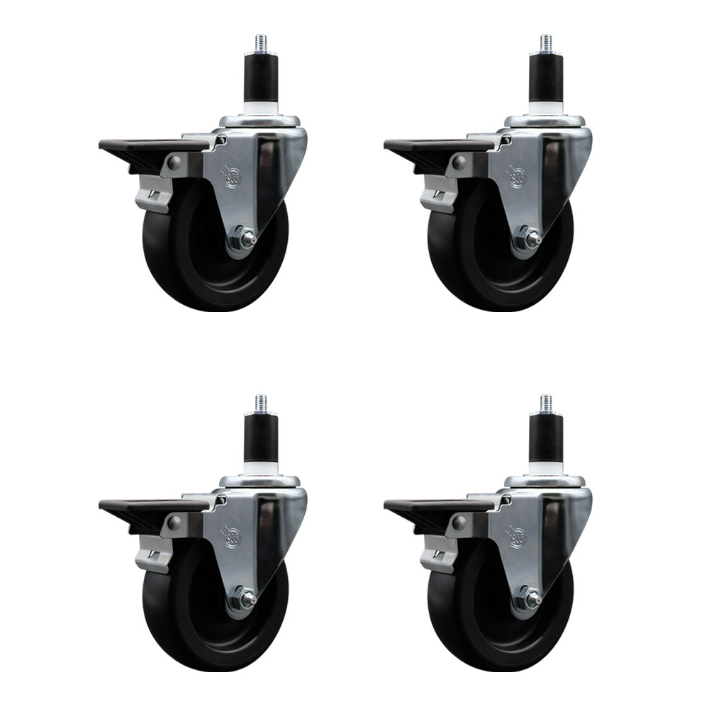 Polyolefin Swivel Expanding Stem Caster Wheels Set of 4 with 4 Inch Black Wheels and 1-1/2" Stems - Includes 4 Swivel with Posi Lock Brakes - 1400 lbs. Total Capacity - Service Caster Brand — photo 1