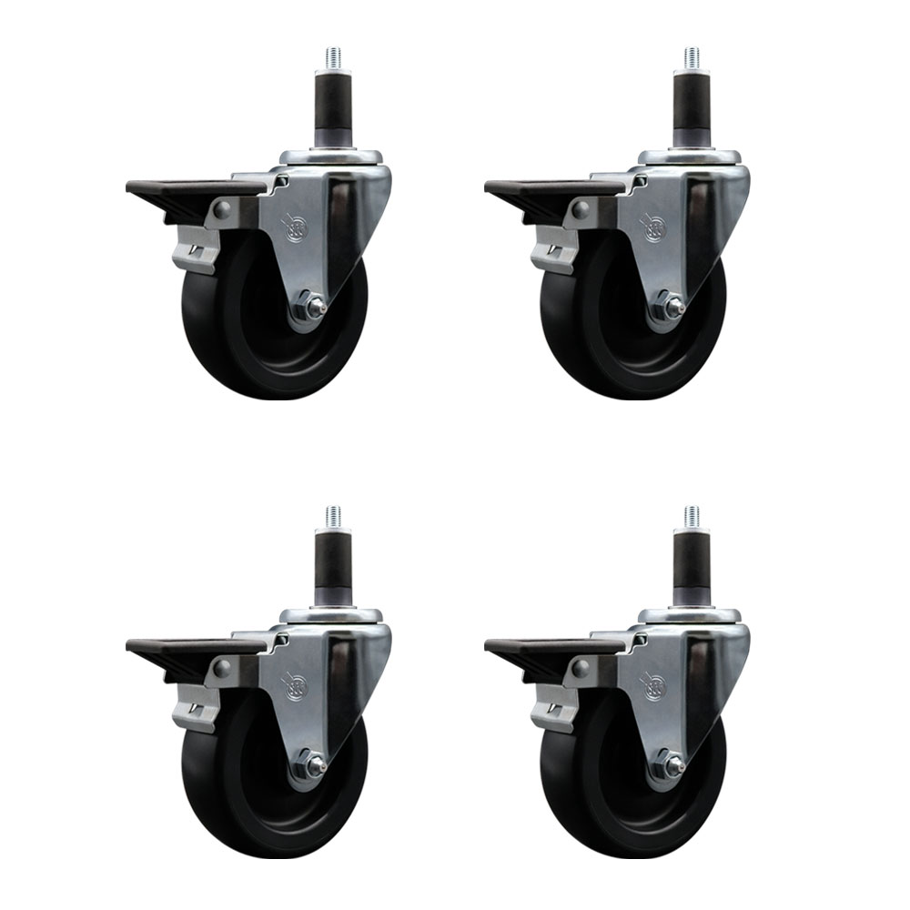 Polyolefin Swivel Expanding Stem Caster Wheels Set of 4 with 4 Inch Black Wheels and 1-1/4" Stems - Includes 4 Swivel with Posi Lock Brakes - 1400 lbs. Total Capacity - Service Caster Brand — photo 1
