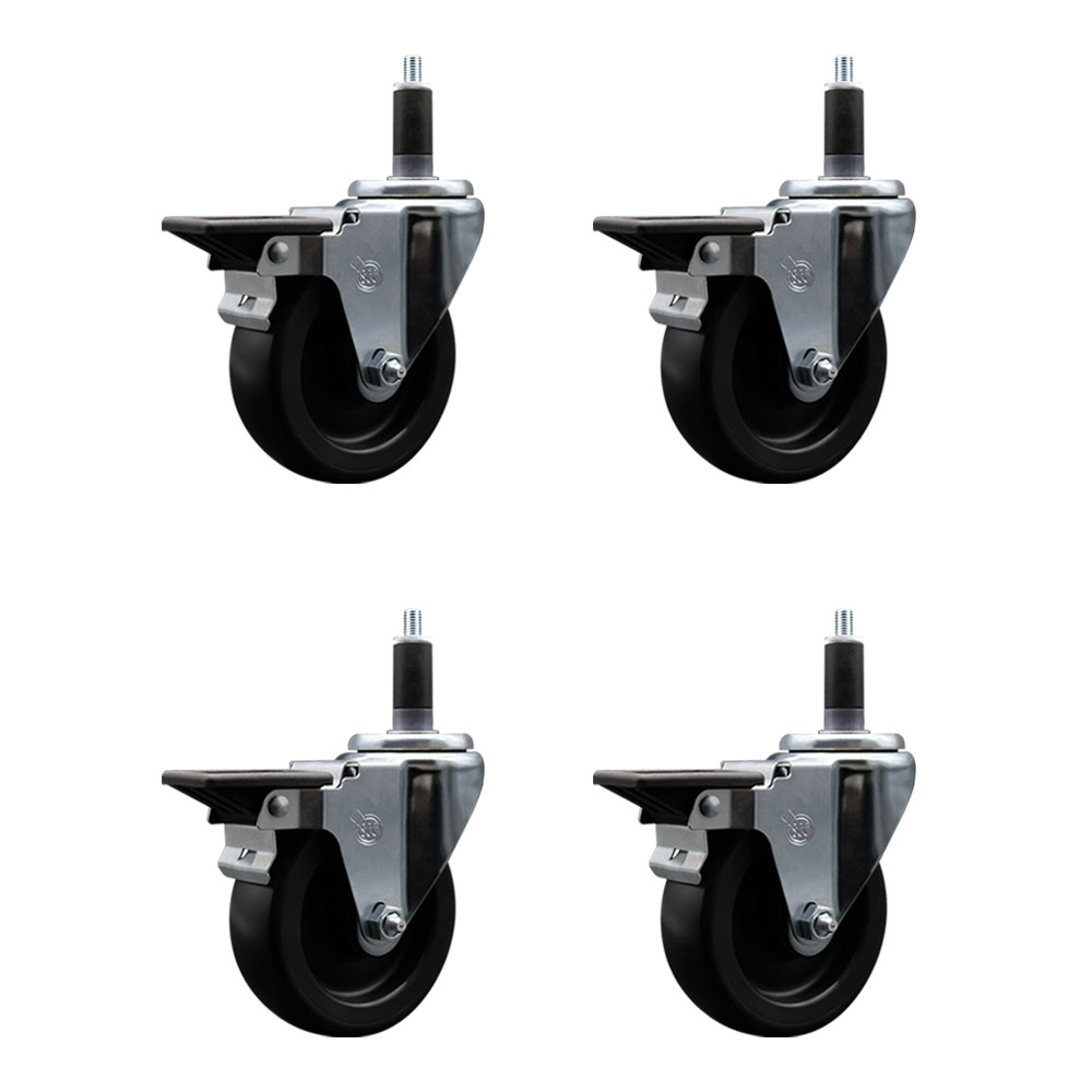 Polyolefin Swivel Expanding Stem Caster Wheels Set of 4 with 4 Inch Black Wheels and 1-1/8" Stems - Includes 4 Swivel with Posi Lock Brakes - 1400 lbs. Total Capacity - Service Caster Brand — photo 1