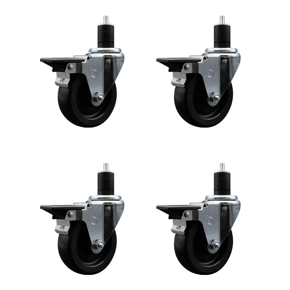 Polyolefin Swivel Expanding Stem Caster Wheels Set of 4 with 4 Inch Black Wheels and 1-3/4" Stems - Includes 4 Swivel with Posi Lock Brakes - 1400 lbs. Total Capacity - Service Caster Brand — photo 1