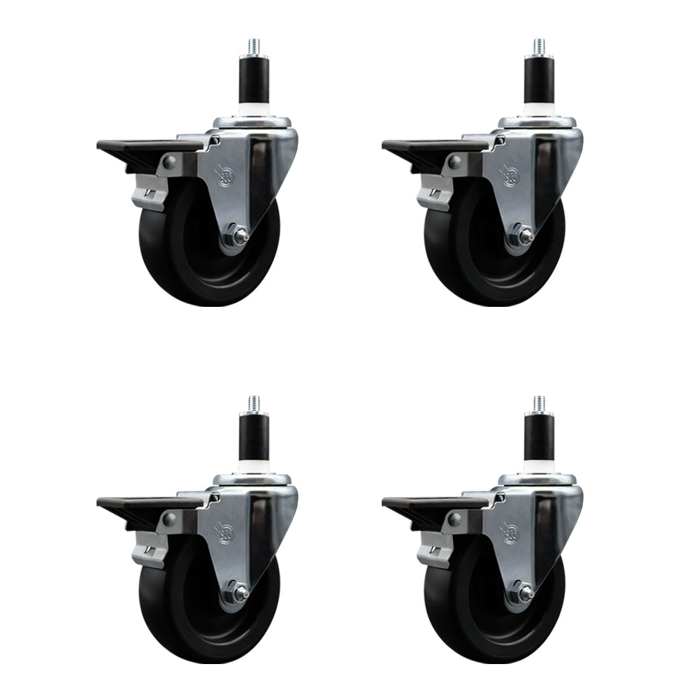 Polyolefin Swivel Expanding Stem Caster Wheels Set of 4 with 4 Inch Black Wheels and 1-3/8" Stems - Includes 4 Swivel with Posi Lock Brakes - 1400 lbs. Total Capacity - Service Caster Brand — photo 1