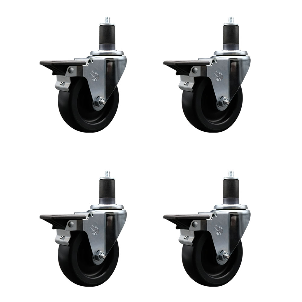 Polyolefin Swivel Expanding Stem Caster Wheels Set of 4 with 4 Inch Black Wheels and 1-5/8" Stems - Includes 4 Swivel with Posi Lock Brakes - 1400 lbs. Total Capacity - Service Caster Brand — photo 1