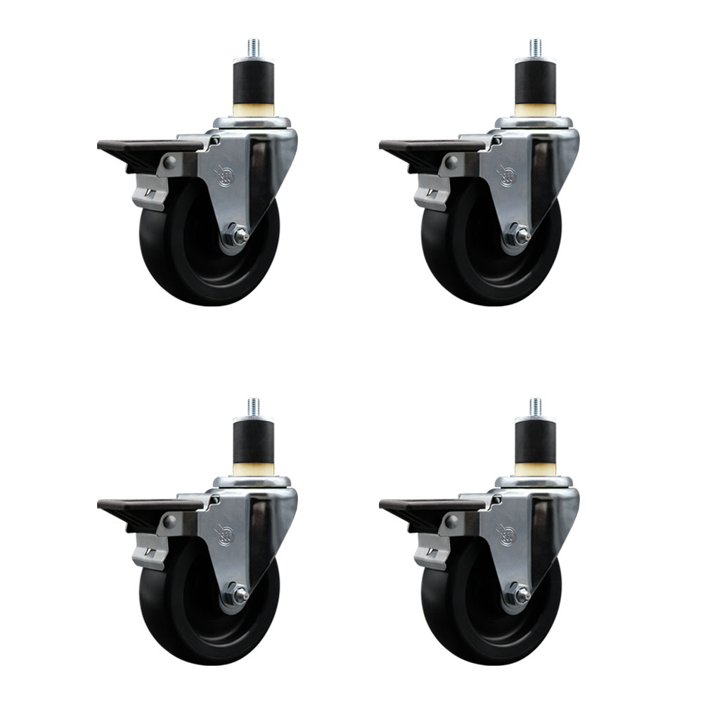 Polyolefin Swivel Expanding Stem Caster Wheels Set of 4 with 4 Inch Black Wheels and 1-7/8" Stems - Includes 4 Swivel with Posi Lock Brakes - 1400 lbs. Total Capacity - Service Caster Brand — photo 1