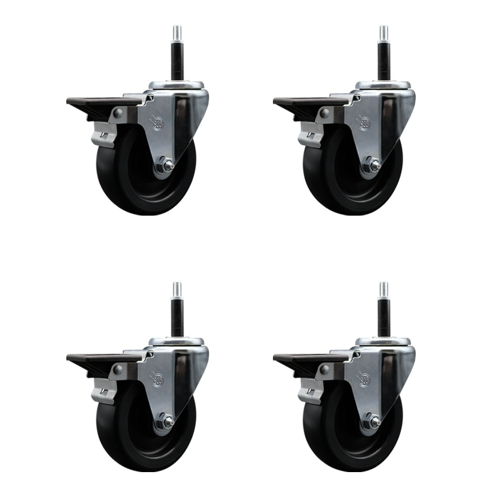 Polyolefin Swivel Expanding Stem Caster Wheels Set of 4 with 4 Inch Black Wheels and 3/4" Stems - Includes 4 Swivel with Posi Lock Brakes - 1400 lbs. Total Capacity - Service Caster Brand — photo 1