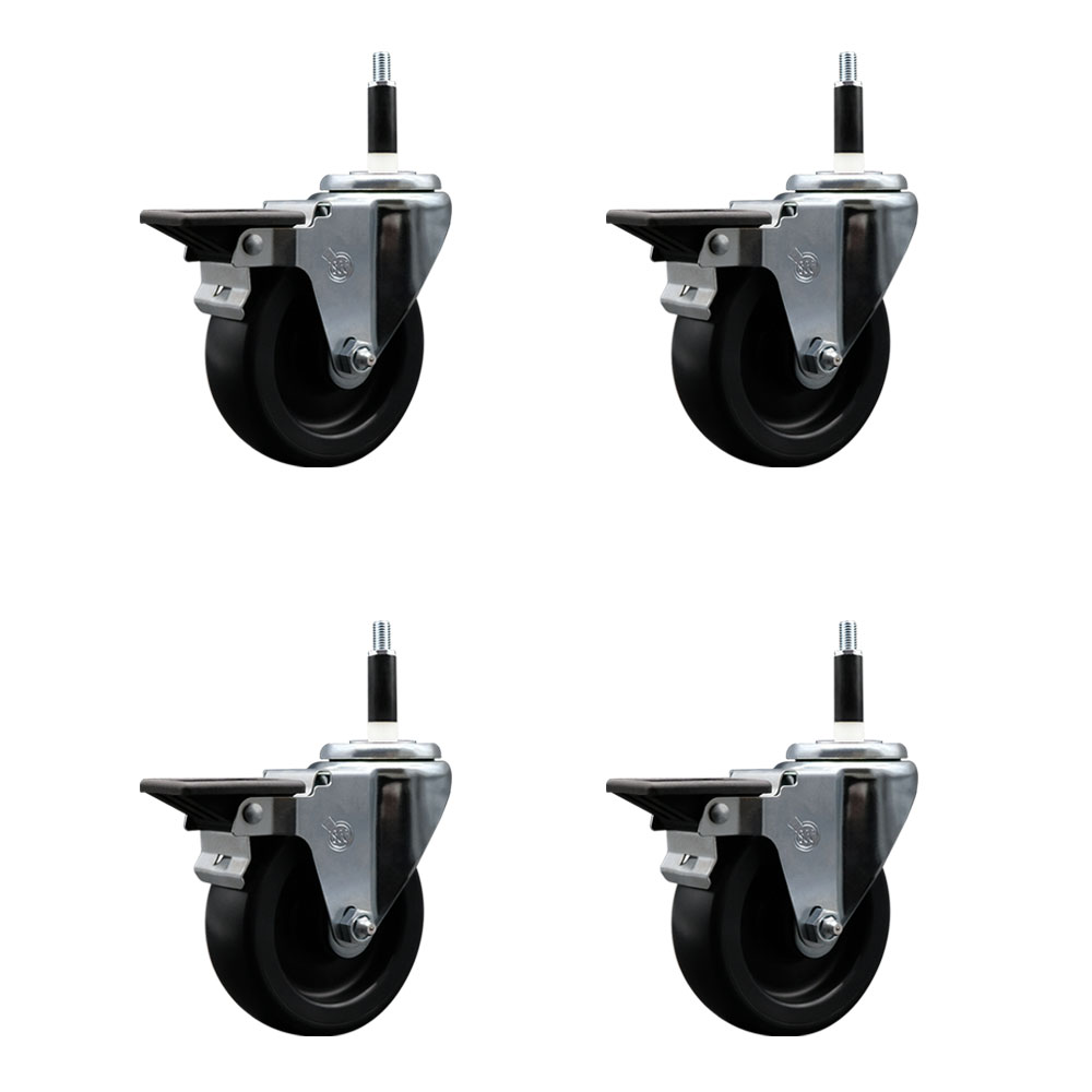 Polyolefin Swivel Expanding Stem Caster Wheels Set of 4 with 4 Inch Black Wheels and 7/8" Stems - Includes 4 Swivel with Posi Lock Brakes - 1400 lbs. Total Capacity - Service Caster Brand — photo 1
