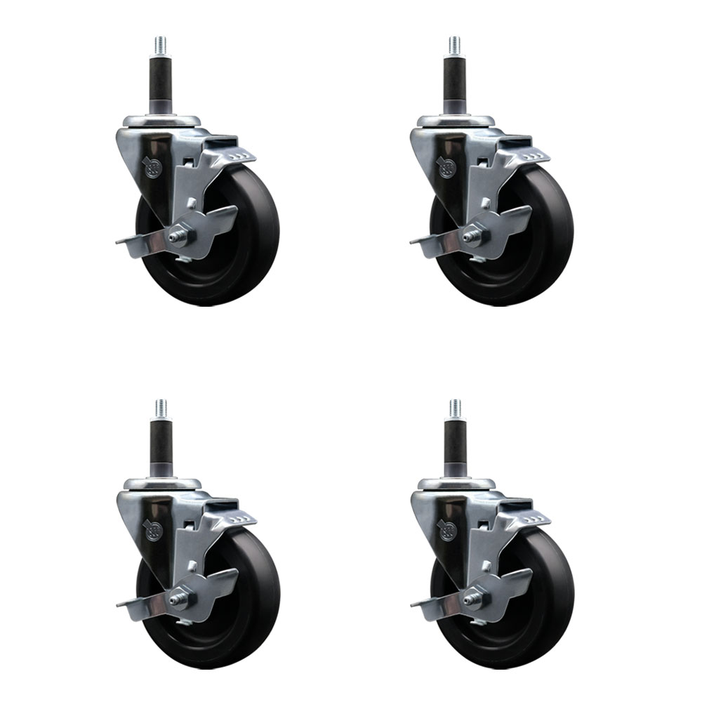 Polyolefin Swivel Expanding Stem Caster Wheels Set of 4 with 4 Inch Black Wheels and 1" Stems - Includes 4 Swivel with Top Lock Brakes - 1400 lbs. Total Capacity - Service Caster Brand — photo 1