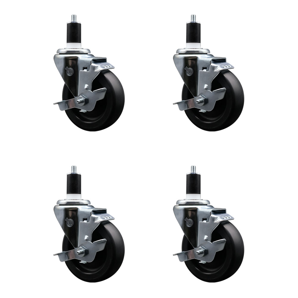 Polyolefin Swivel Expanding Stem Caster Wheels Set of 4 with 4 Inch Black Wheels and 1-1/2" Stems - Includes 4 Swivel with Top Lock Brakes - 1400 lbs. Total Capacity - Service Caster Brand — photo 1