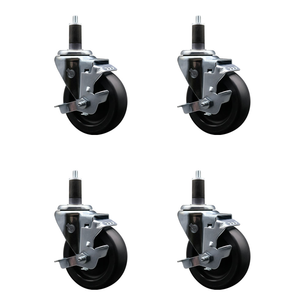 Polyolefin Swivel Expanding Stem Caster Wheels Set of 4 with 4 Inch Black Wheels and 1-1/4" Stems - Includes 4 Swivel with Top Lock Brakes - 1400 lbs. Total Capacity - Service Caster Brand — photo 1
