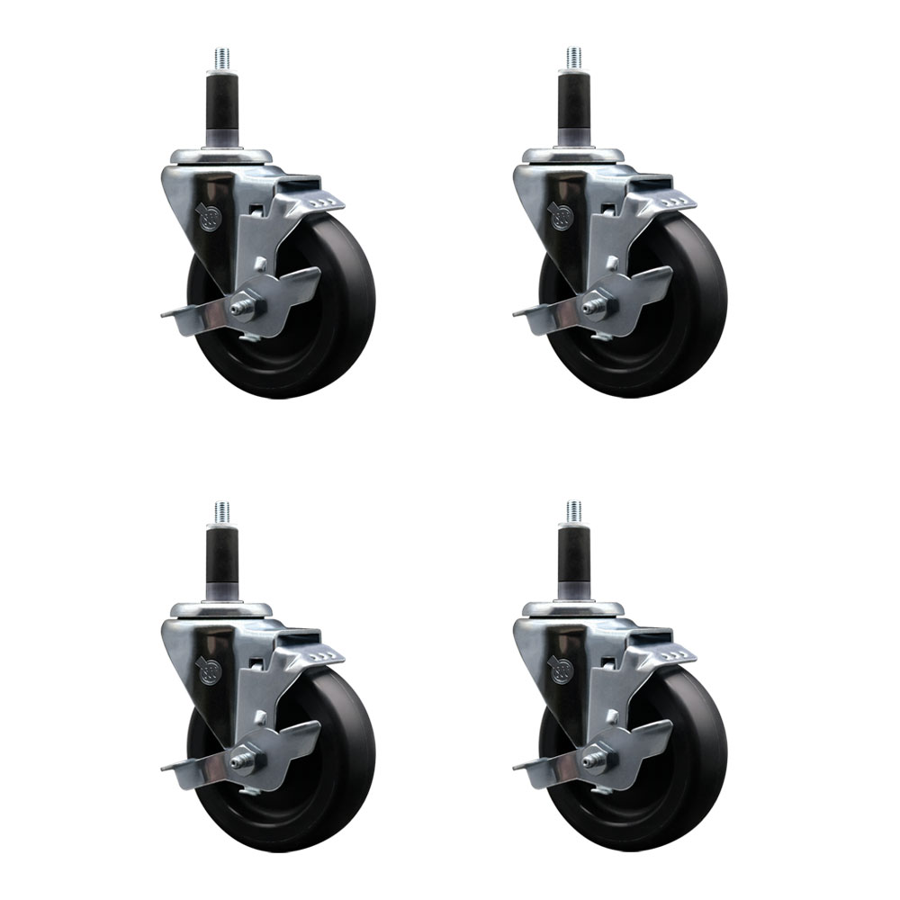 Polyolefin Swivel Expanding Stem Caster Wheels Set of 4 with 4 Inch Black Wheels and 1-1/8" Stems - Includes 4 Swivel with Top Lock Brakes - 1400 lbs. Total Capacity - Service Caster Brand — photo 1