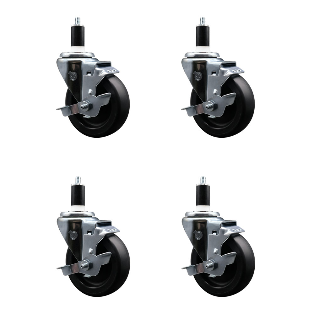 Polyolefin Swivel Expanding Stem Caster Wheels Set of 4 with 4 Inch Black Wheels and 1-3/8" Stems - Includes 4 Swivel with Top Lock Brakes - 1400 lbs. Total Capacity - Service Caster Brand — photo 1
