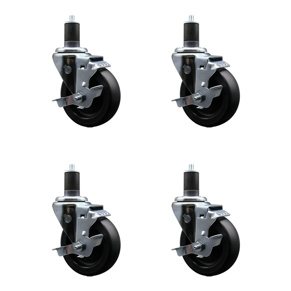 Polyolefin Swivel Expanding Stem Caster Wheels Set of 4 with 4 Inch Black Wheels and 1-5/8" Stems - Includes 4 Swivel with Top Lock Brakes - 1400 lbs. Total Capacity - Service Caster Brand — photo 1