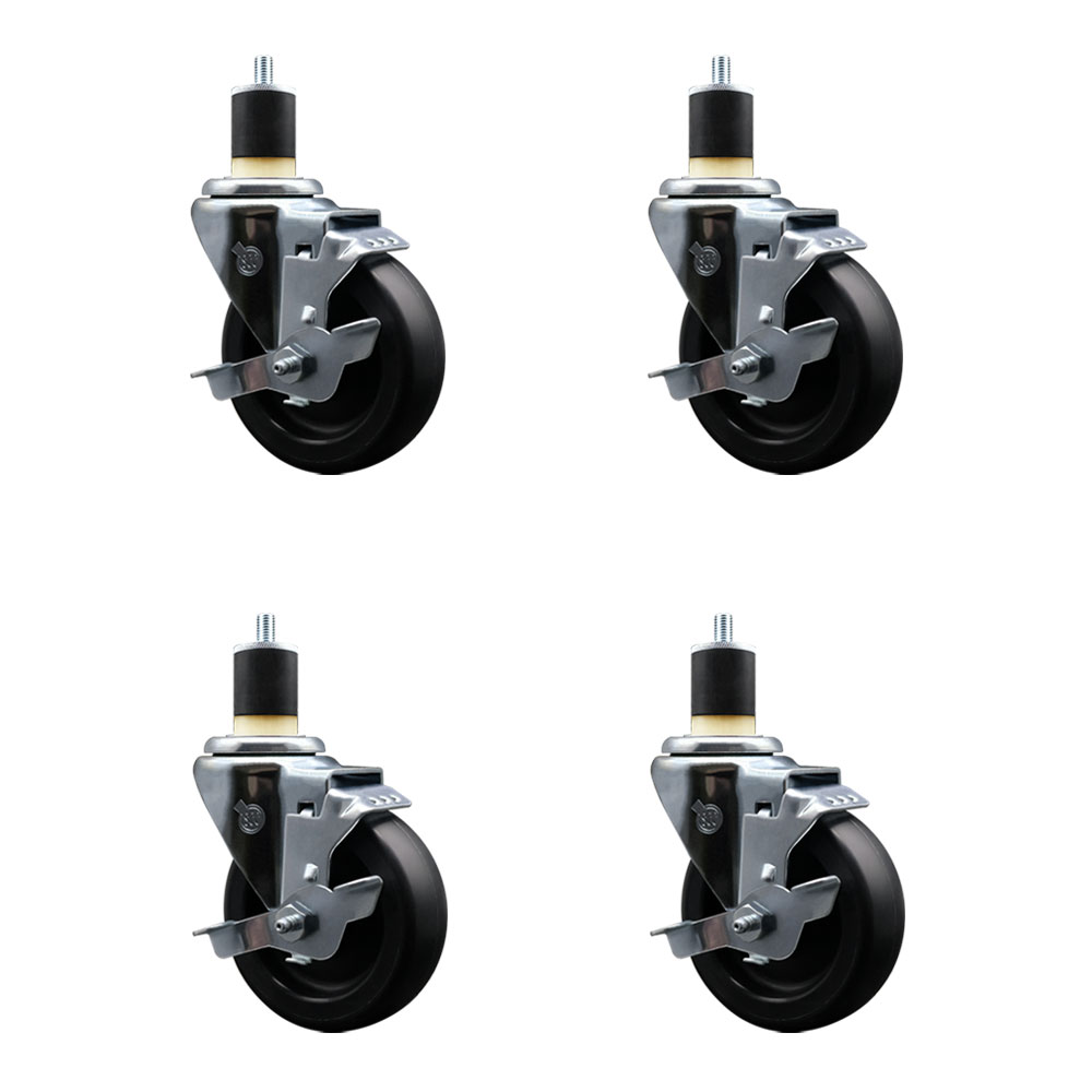 Polyolefin Swivel Expanding Stem Caster Wheels Set of 4 with 4 Inch Black Wheels and 1-7/8" Stems - Includes 4 Swivel with Top Lock Brakes - 1400 lbs. Total Capacity - Service Caster Brand — photo 1