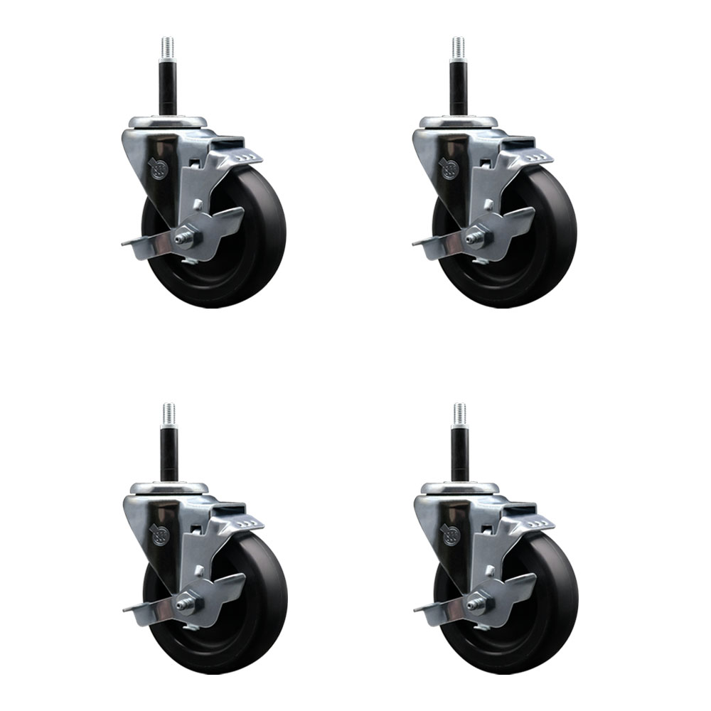 Polyolefin Swivel Expanding Stem Caster Wheels Set of 4 with 4 Inch Black Wheels and 3/4" Stems - Includes 4 Swivel with Top Lock Brakes - 1400 lbs. Total Capacity - Service Caster Brand — photo 1