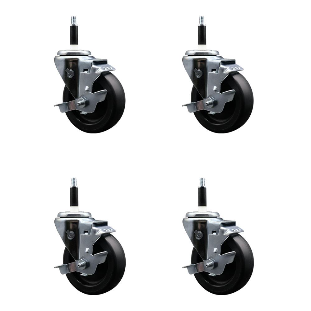 Polyolefin Swivel Expanding Stem Caster Wheels Set of 4 with 4 Inch Black Wheels and 7/8" Stems - Includes 4 Swivel with Top Lock Brakes - 1400 lbs. Total Capacity - Service Caster Brand — photo 1