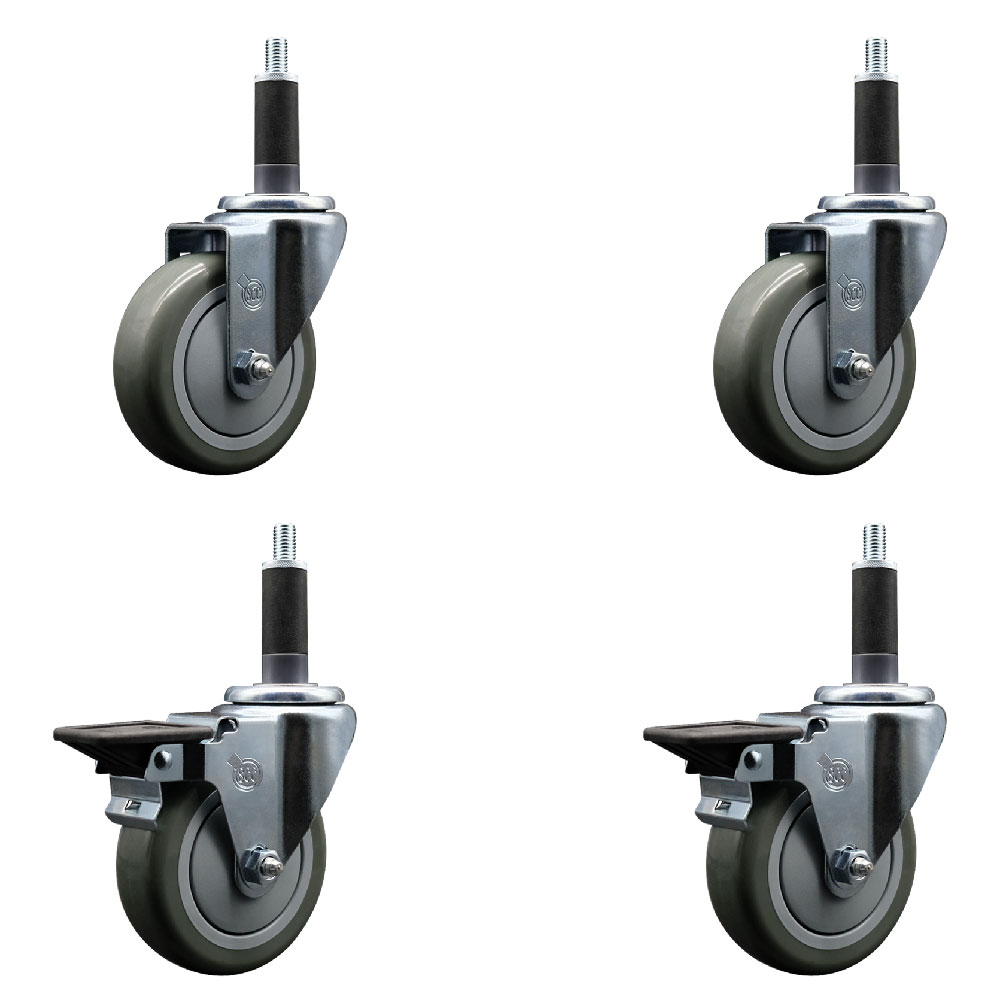 Polyurethane Swivel Expanding Stem Caster Set of 4 with 4 Inch Gray Wheels and 1" Stems - Includes 2 with Posi Locking Brakes - 1400 lbs Total Capacity - Service Caster Brand — photo 1