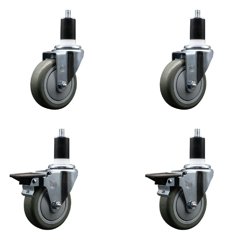 Polyurethane Swivel Expanding Stem Caster Set of 4 with 4 Inch Gray Wheels and 1-1/2" Stems - Includes 2 with Posi Locking Brakes - 1400 lbs Total Capacity - Service Caster Brand — photo 1