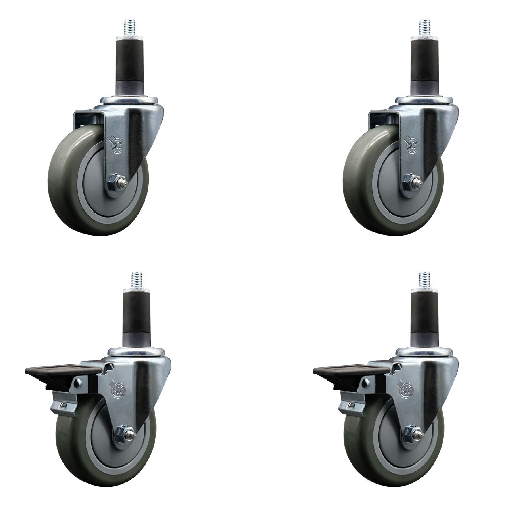 Polyurethane Swivel Expanding Stem Caster Set of 4 with 4 Inch Gray Wheels and 1-1/4" Stems - Includes 2 with Posi Locking Brakes - 1400 lbs Total Capacity - Service Caster Brand — photo 1