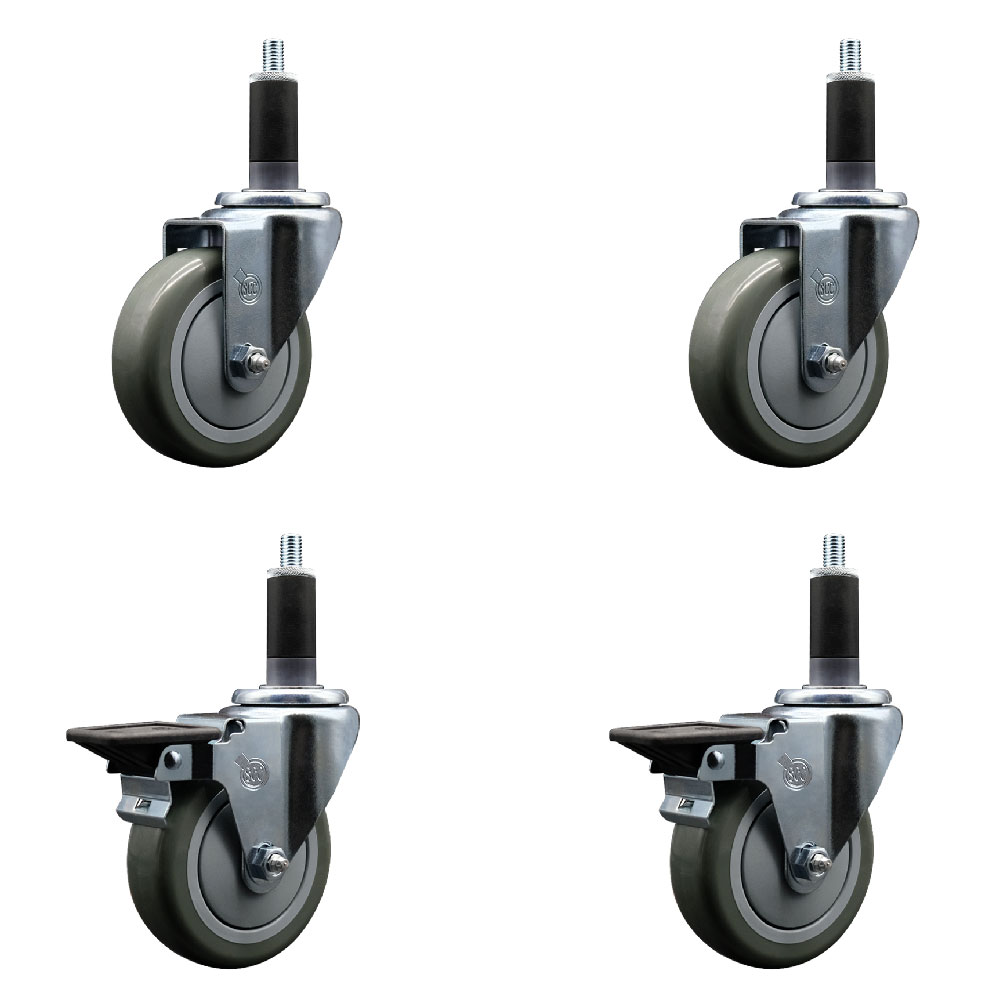 Polyurethane Swivel Expanding Stem Caster Set of 4 with 4 Inch Gray Wheels and 1-1/8" Stems - Includes 2 with Posi Locking Brakes - 1400 lbs Total Capacity - Service Caster Brand — photo 1