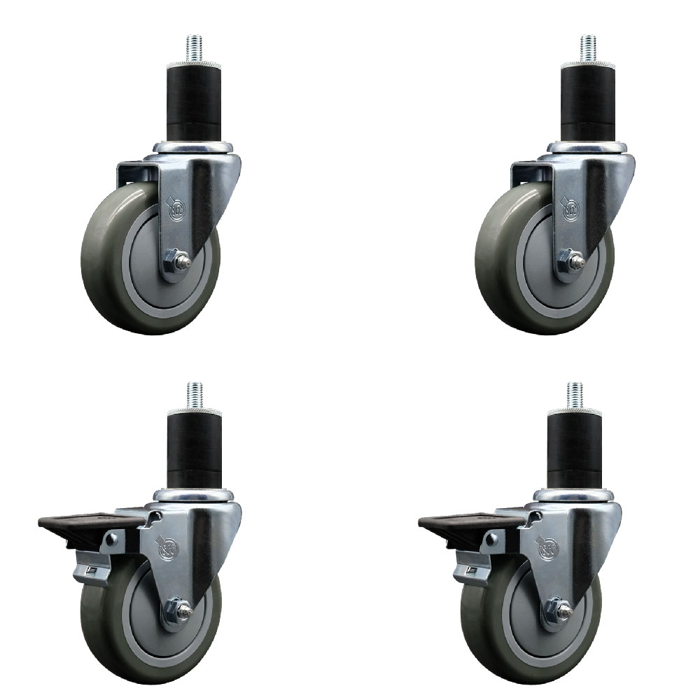 Polyurethane Swivel Expanding Stem Caster Set of 4 with 4 Inch Gray Wheels and 1-3/4" Stems - Includes 2 with Posi Locking Brakes - 1400 lbs Total Capacity - Service Caster Brand — photo 1