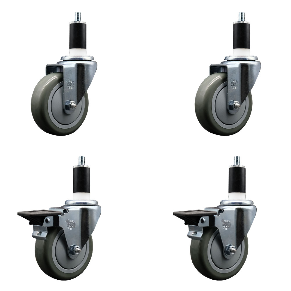 Polyurethane Swivel Expanding Stem Caster Set of 4 with 4 Inch Gray Wheels and 1-3/8" Stems - Includes 2 with Posi Locking Brakes - 1400 lbs Total Capacity - Service Caster Brand — photo 1