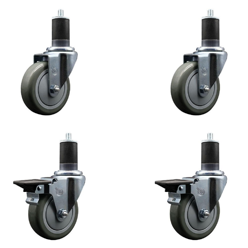 Polyurethane Swivel Expanding Stem Caster Set of 4 with 4 Inch Gray Wheels and 1-5/8" Stems - Includes 2 with Posi Locking Brakes - 1400 lbs Total Capacity - Service Caster Brand — photo 1