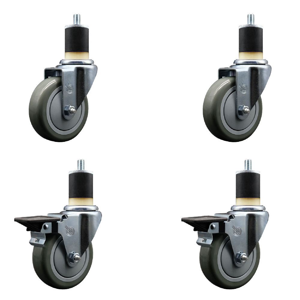 Polyurethane Swivel Expanding Stem Caster Set of 4 with 4 Inch Gray Wheels and 1-7/8" Stems - Includes 2 with Posi Locking Brakes - 1400 lbs Total Capacity - Service Caster Brand — photo 1