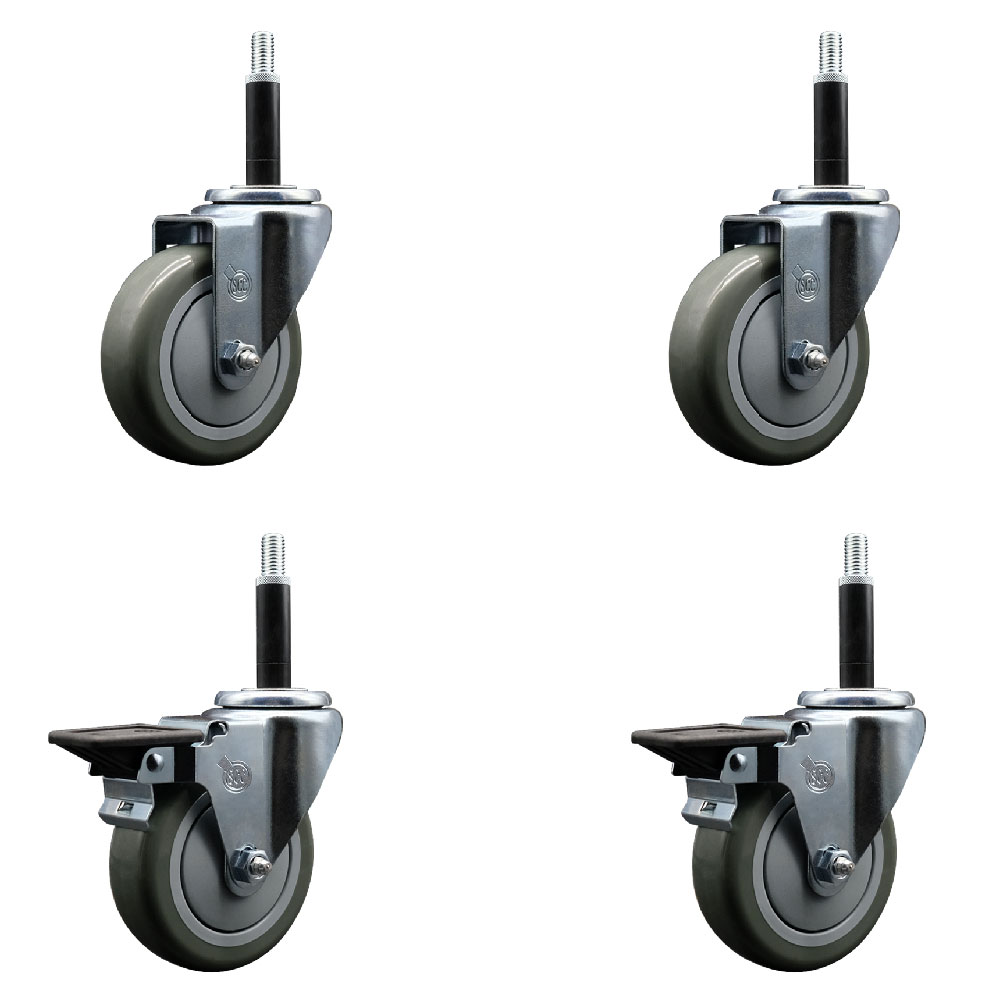 Polyurethane Swivel Expanding Stem Caster Set of 4 with 4 Inch Gray Wheels and 3/4" Stems - Includes 2 with Posi Locking Brakes - 1400 lbs Total Capacity - Service Caster Brand — photo 1