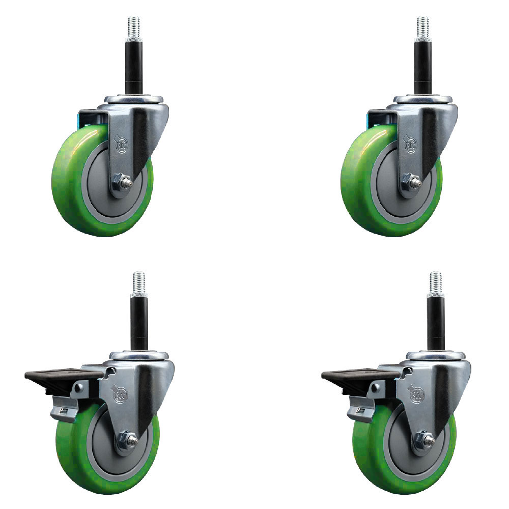 Polyurethane Swivel Expanding Stem Caster Set of 4 with 4 Inch Green Wheels and 3/4" Stems - Includes 2 with Posi Locking Brakes - 1400 lbs Total Capacity - Service Caster Brand — photo 1