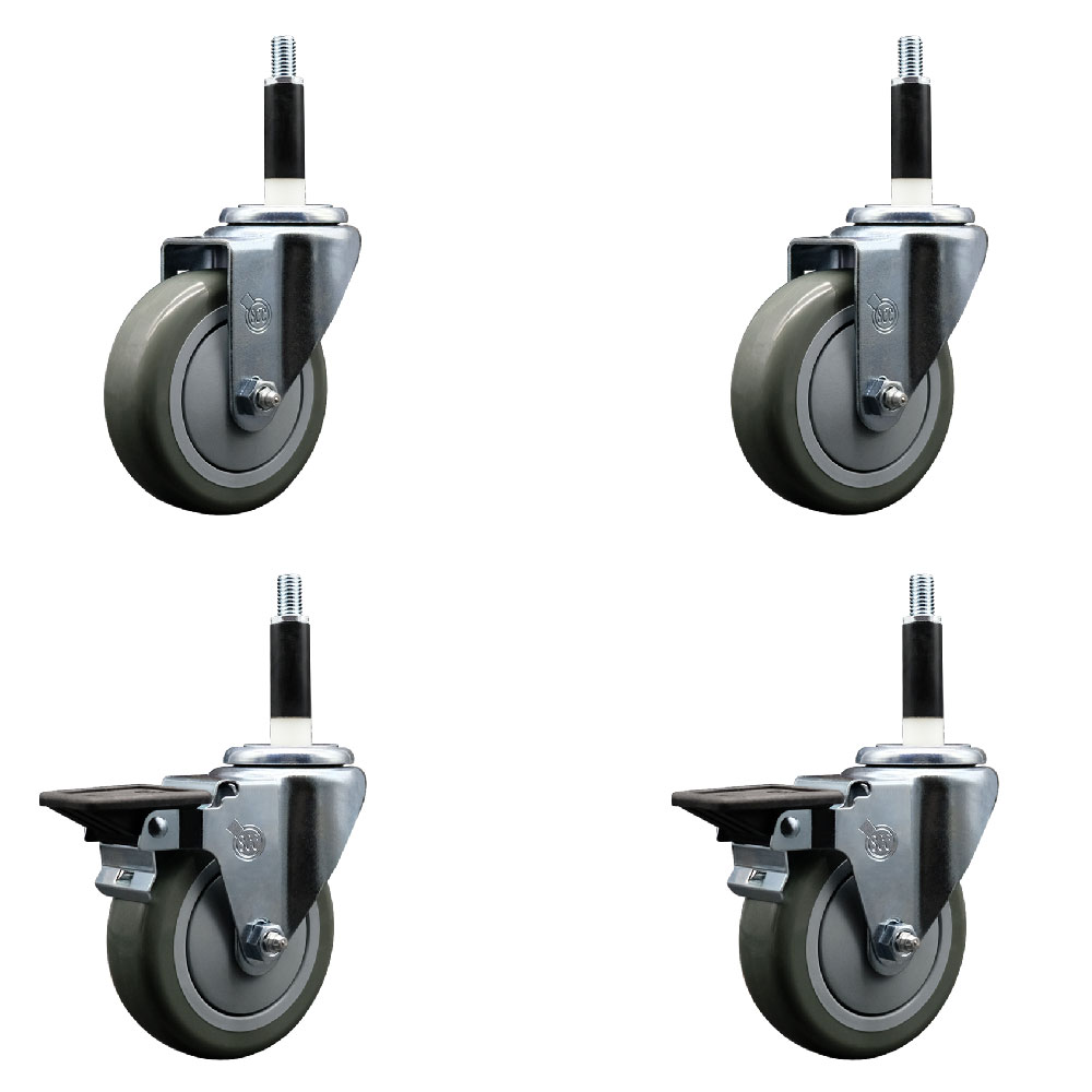 Polyurethane Swivel Expanding Stem Caster Set of 4 with 4 Inch Gray Wheels and 7/8" Stems - Includes 2 with Posi Locking Brakes - 1400 lbs Total Capacity - Service Caster Brand — photo 1