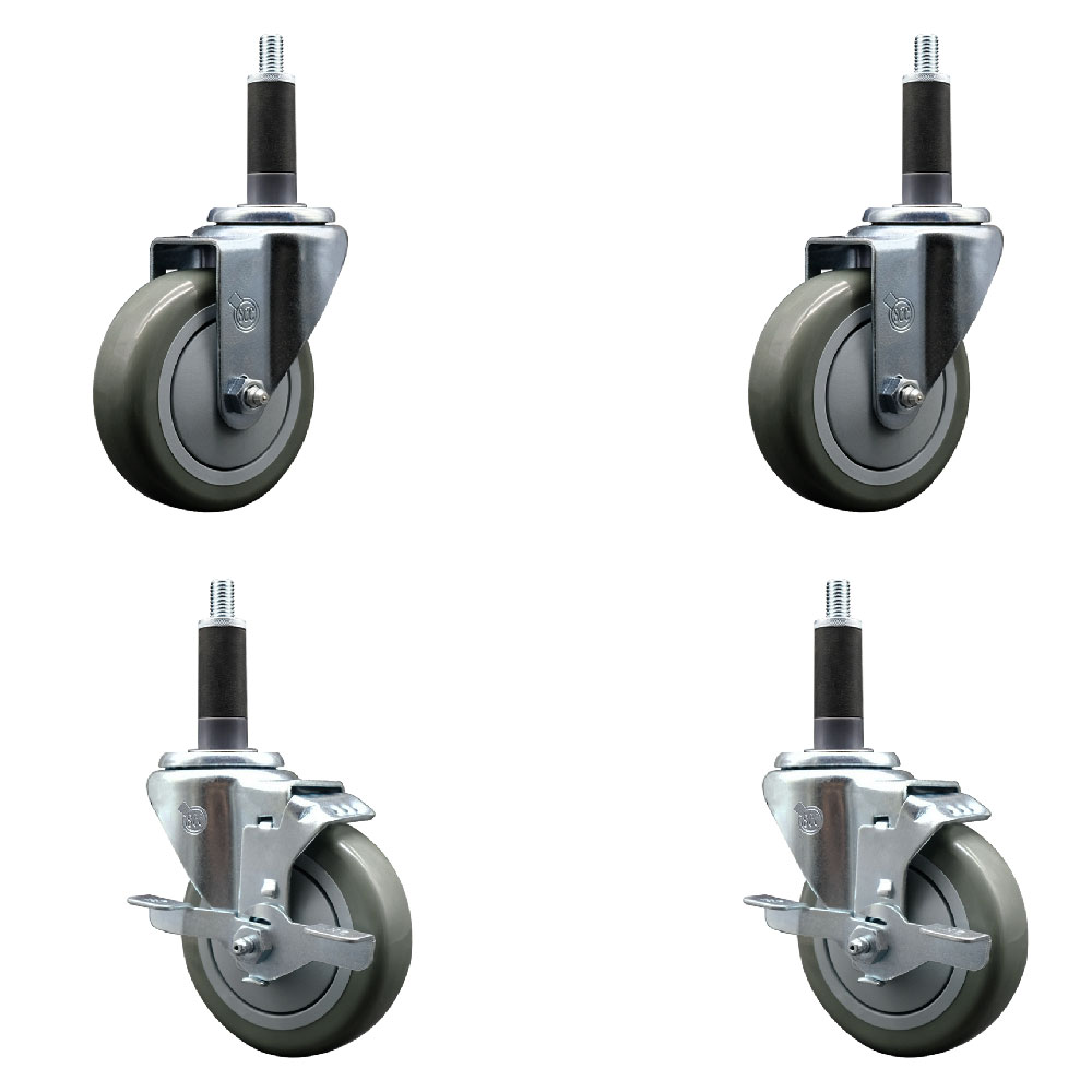 Stainless Steel Polyurethane Swivel Expanding Stem Caster Set of 4 with 4 Inch Gray Wheels and 1" Stems - Includes 2 with Top Locking Brakes - 1400 lbs Total Capacity - Service Caster Brand — photo 1