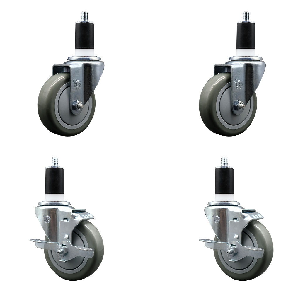 Polyurethane Swivel Expanding Stem Caster Set of 4 with 4 Inch Gray Wheels and 1-1/2" Stems - Includes 2 with Top Locking Brakes - 1400 lbs Total Capacity - Service Caster Brand — photo 1